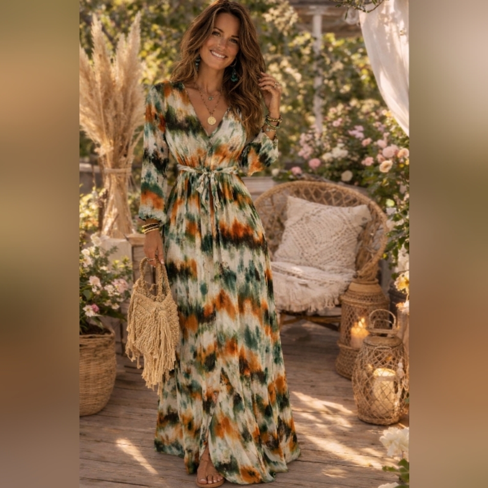 Elegant Long Sleeve Tie-Dye Maxi Dress.Pit To Pit 17"